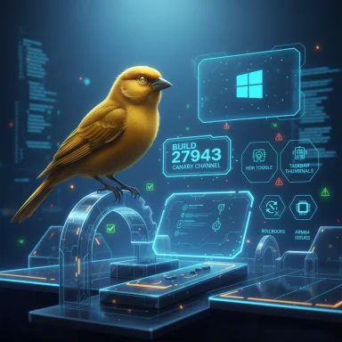 Golden canary perched on a futuristic holographic computer interface with Windows-like displays.