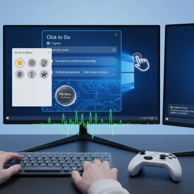 Dual-monitor setup with a person typing, futuristic UI overlay on screen and a game controller nearby.