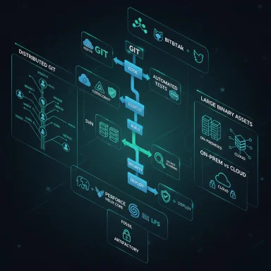 A neon holographic diagram of a Git-based software pipeline with build, test, deploy, and large-binary assets.