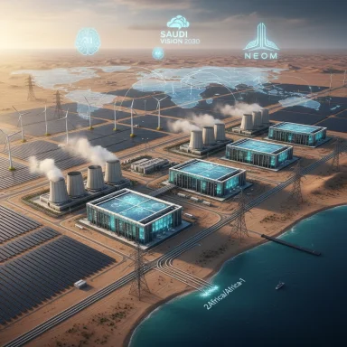 Futuristic desert energy hub with solar farms, wind turbines, and NEOM branding along the coast.