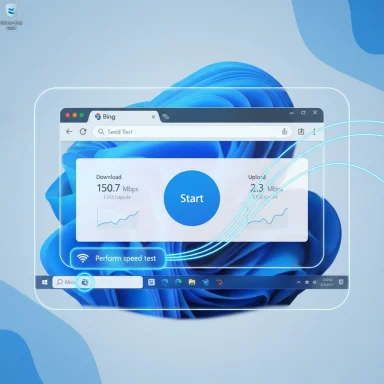 Futuristic Windows desktop with a Bing speed test overlay on a blue abstract background.