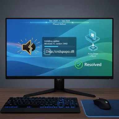 Desk setup with a monitor showing Windows update progress, plus keyboard and mouse.