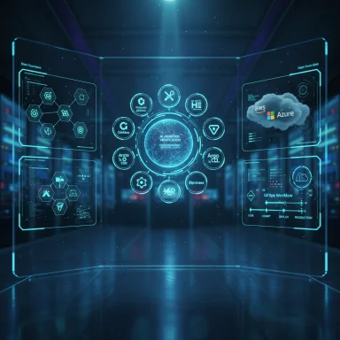 Futuristic holographic control panel with a circular hub and cloud icons in a high-tech data room.