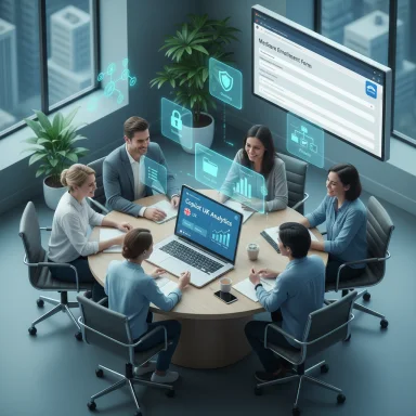 Six professionals in a modern conference room analyze data with holographic displays around a round table.