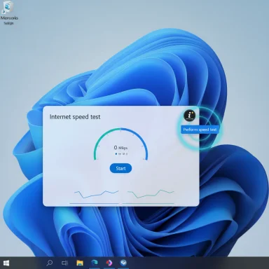 Windows 11 desktop showing a blue Internet speed test widget with 0 Mbps.