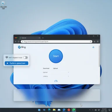 Windows desktop with Bing Start page in a browser and a speed-test popup on a blue abstract wallpaper.