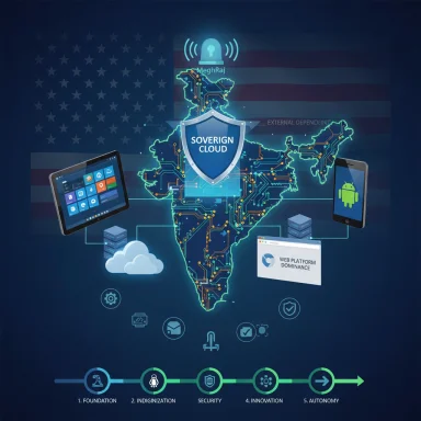 A high-tech India map with a Sovereign Cloud shield, connected devices, and a five-stage maturity timeline.