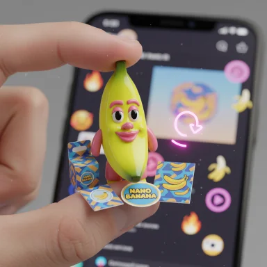 A banana-shaped toy with a smiling face labeled Nano Banana held in front of a smartphone screen.