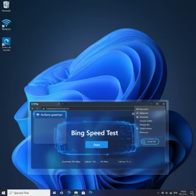 Windows desktop showing a Bing Speed Test window overlay on a blue abstract wallpaper.