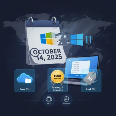 Windows 11 promotion featuring October 14, 2025, ESU options, Microsoft Rewards, and security features.