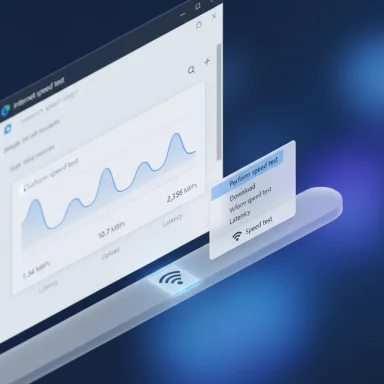 Isometric laptop screen showing a speed-test dashboard with a line graph and a floating menu.