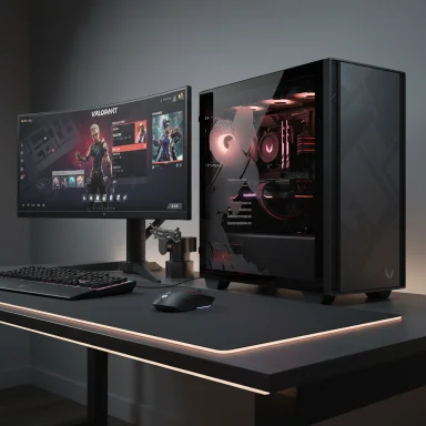 Gaming setup featuring a glass-window PC with pink RGB, curved monitor, keyboard and mouse.