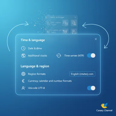 Blue holographic settings panel showing Time & language and Language & region options.