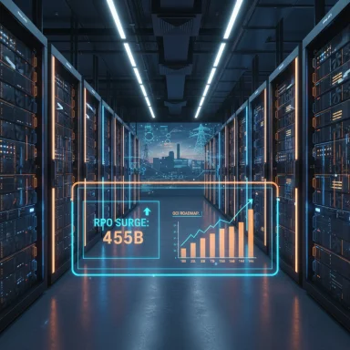 A futuristic data center with neon holographic dashboard and rising graphs.
