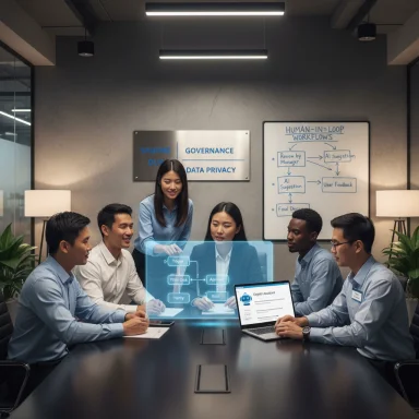 A diverse team collaborates around a holographic display in a modern conference room.