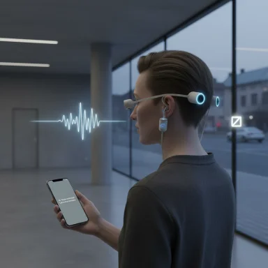 Person wearing a futuristic headset and ear implants, holding a smartphone as a glowing heartbeat line appears.