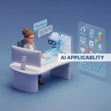 A woman and a friendly AI robot analyze data on futuristic holographic dashboards.