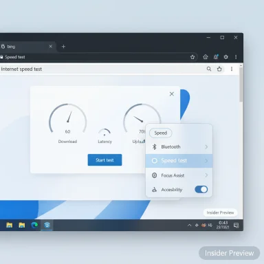Windows desktop showing a browser speed test with a Start test button and a floating Speed menu.