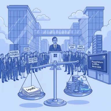 Protesters rally as a scale weighs layoffs against AI/Cloud, with calls for ethics and privacy.