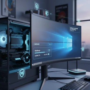 Futuristic gaming rig with a curved monitor, blue-lit internals, and holographic UI projections.