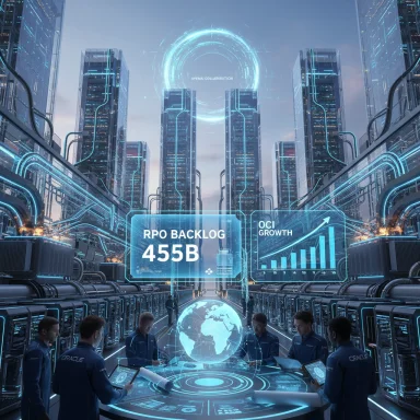 Futuristic data center with holographic dashboards and a glowing globe as Oracle team analyzes RPO backlog.