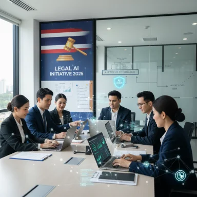 A diverse team works on laptops around a conference table with AI visuals and a Legal AI Initiative 2025 poster.