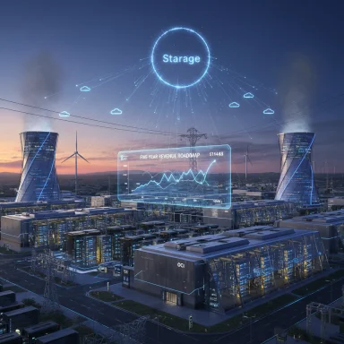 Futuristic cityscape with a holographic storage ring and cloud data visualization.