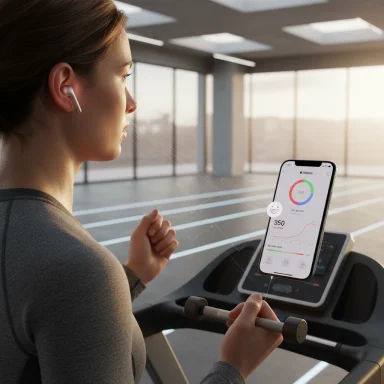 Woman on a treadmill with wireless earbuds checks a fitness app on her phone.