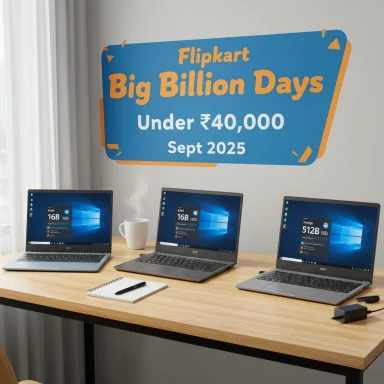 Three laptops on a wooden table beneath a Flipkart Big Billion Days poster.
