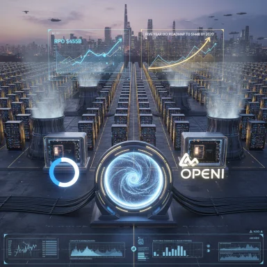 Futuristic data center with holographic dashboards, a glowing portal, and the OPENI logo.