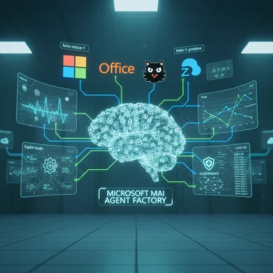 Futuristic holographic brain connected to dashboards, labeled Microsoft MAI Agent Factory.