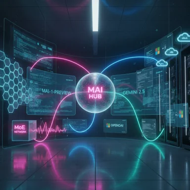 Futuristic holographic MAI HUB linking AI networks with neon pink and blue arcs.