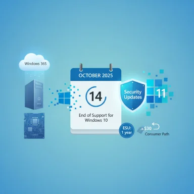 Infographic announcing Windows 10 end of support on Oct 14, 2025, with security updates and ESU options.