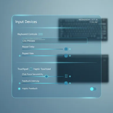 A futuristic holographic interface for input devices, displaying keyboard and touchpad settings.