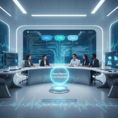 Futuristic conference room with a holographic Azure Speech Live Interpreter translating languages.