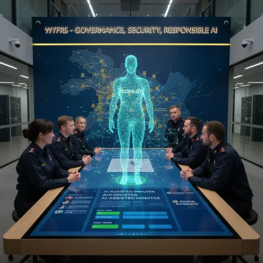 Officers gather around a futuristic briefing table as a holographic AI co-pilot displays data.