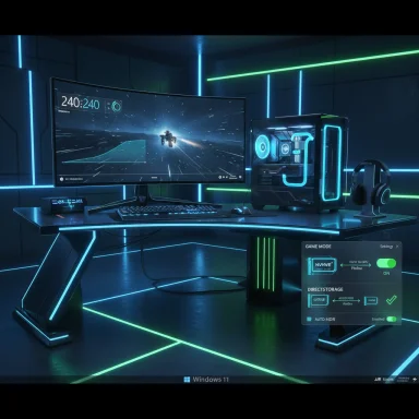 Futuristic neon-lit gaming setup with a curved monitor, glowing PC, and headset.
