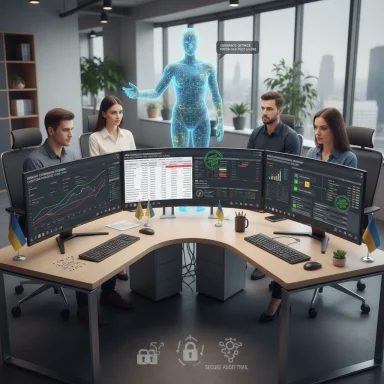 A team of analysts in a futuristic office monitors dashboards on curved screens as a blue holographic figure observes.