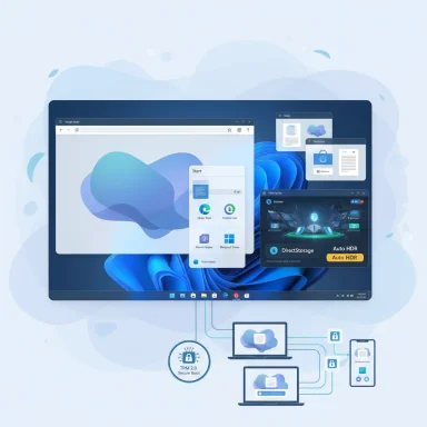 A desktop screen displays multiple floating windows and cloud icons, showing secure cross-device synchronization.