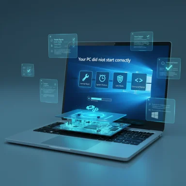 A laptop with holographic recovery tools floating around a Windows-style error screen.
