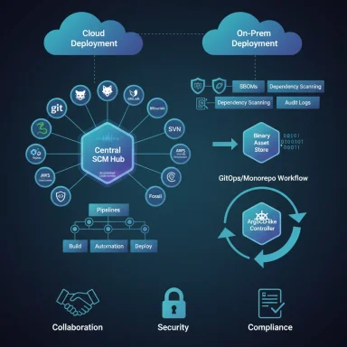 Infographic of a Central SCM Hub linked to cloud/on‑prem deployments, pipelines, and GitOps workflow.