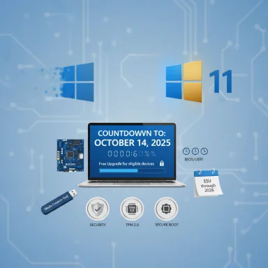 Tech-themed illustration of a laptop showing a countdown to October 14, 2025, with Windows 11 logos.