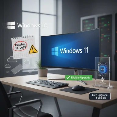 An office desk showing Windows 11 on a monitor with a Windows 10 upgrade promo.