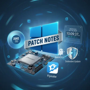Windows Patch Notes graphic showing 25H2 ISO, Defender/Update shield, and a hardware PCB.