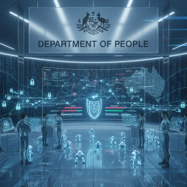 A futuristic control room titled Department of People with holographic data walls and robotic staff.