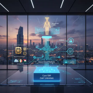 Futuristic holographic ERP dashboard over a city skyline, linking SAP S/4HANA with Azure Cloud and AI tools.