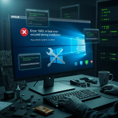 A Windows desktop displays Error 1603: A fatal error occurred during installation.