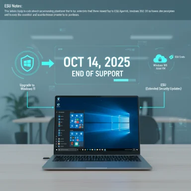 Laptop on a desk with a holographic infographic announcing Oct 14, 2025, end of Windows support.
