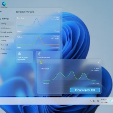 Windows-style desktop with translucent dashboards showing download/upload graphs on a blue abstract wallpaper.