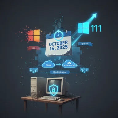Desk computer with glowing cloud-migration graphics and an Oct 14, 2025 calendar.